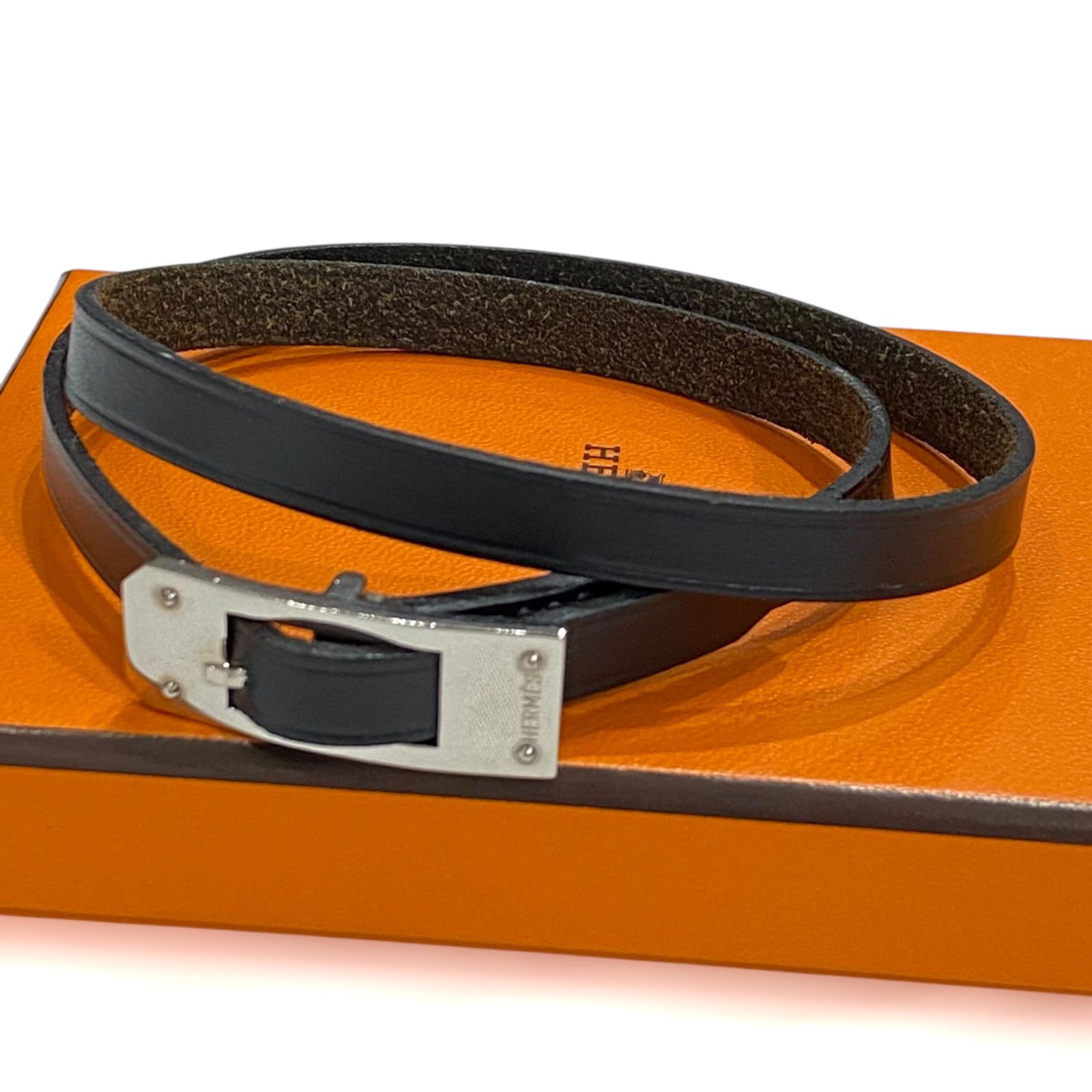 エルメス ケリー アルディオン レザーブレスレット ブラック×シルバー