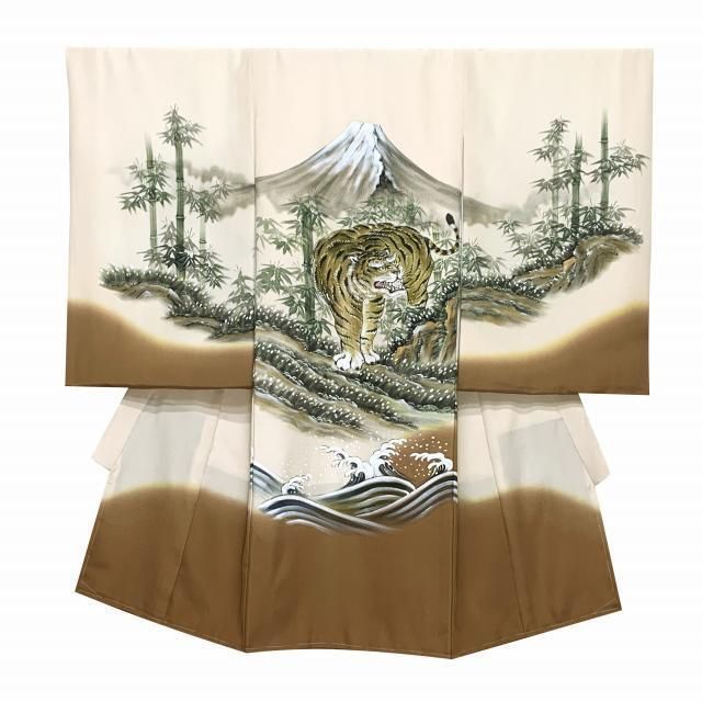 お宮参り 男の子 着物 正絹 素描風 赤ちゃんのお祝い着 初着 産着 茶系 虎と富士