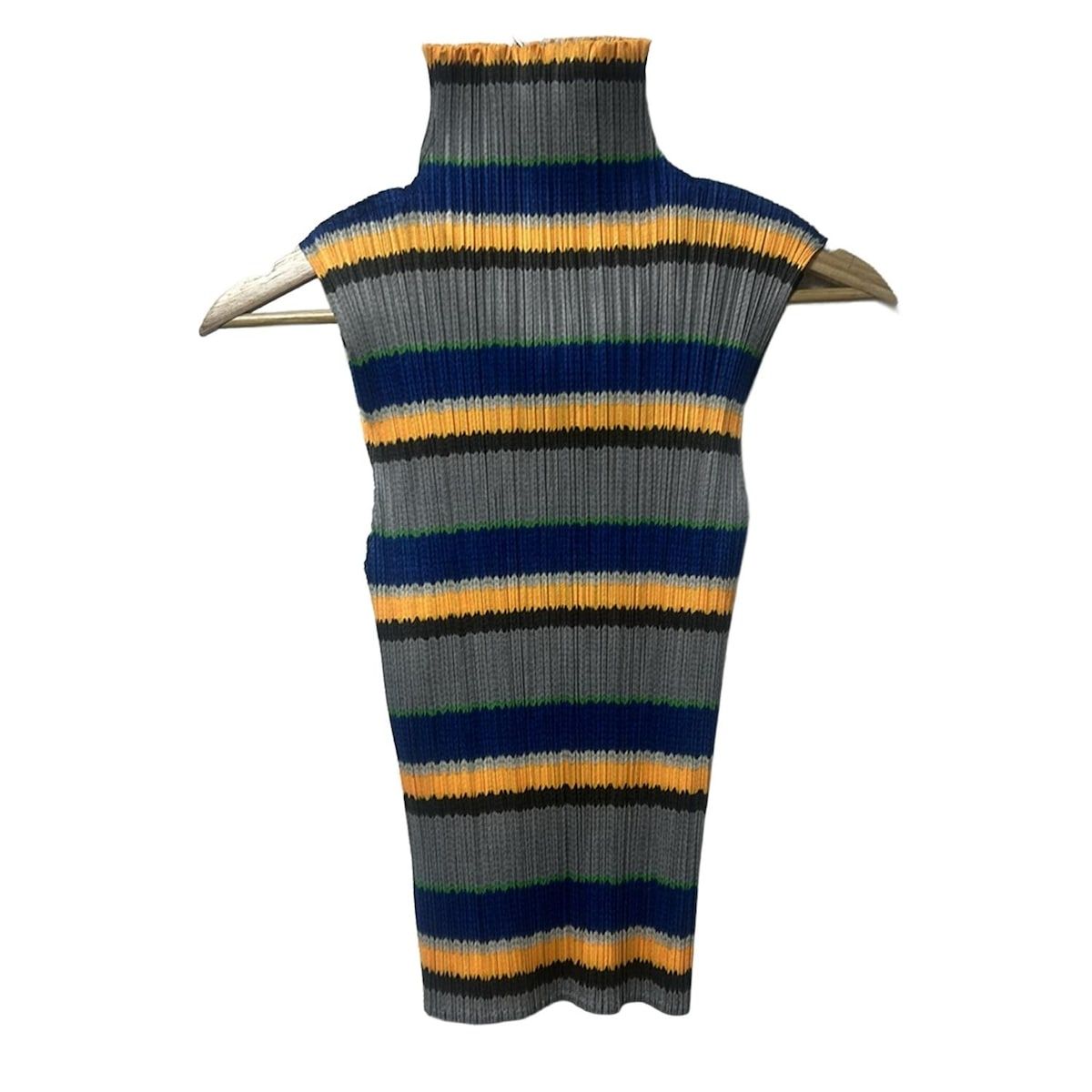 プリーツプリーズ ノースリーブカットソー サイズ3 L レディース グレー オレンジ マルチ ハイネック プリーツ ボーダー ジップアップ