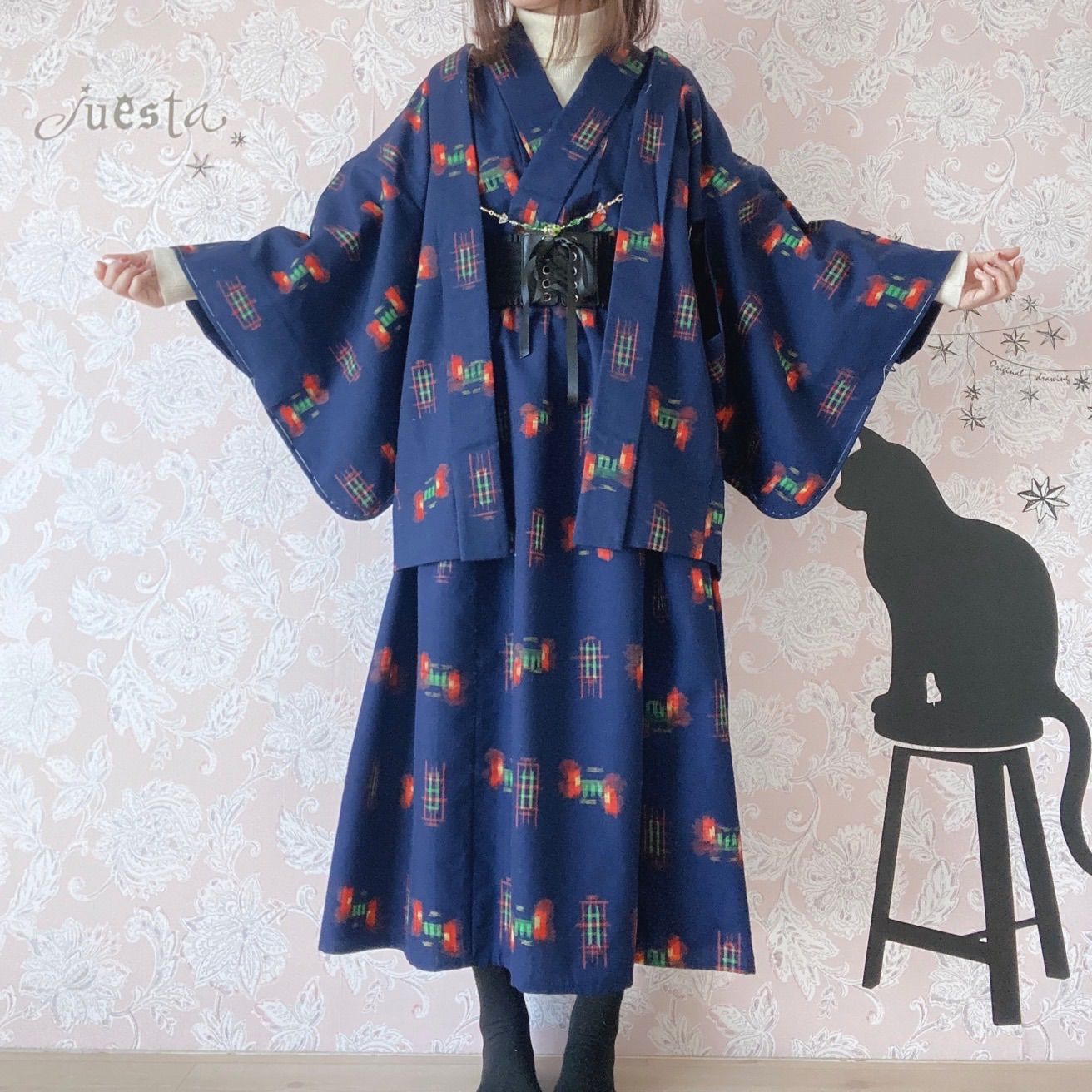着物リメイクワンピース 濃紺系 ベルトと羽織付き