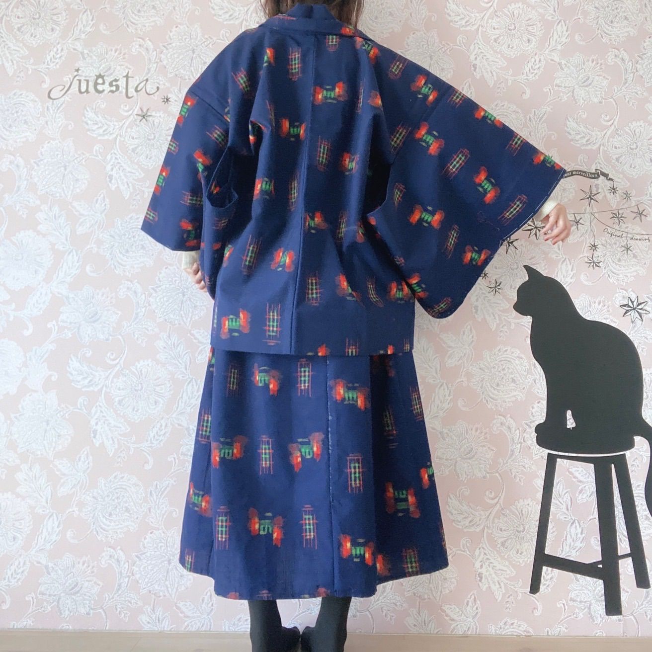  着物リメイクワンピース 濃紺系 ベルトと羽織付き ワンピース チュニック ファッション