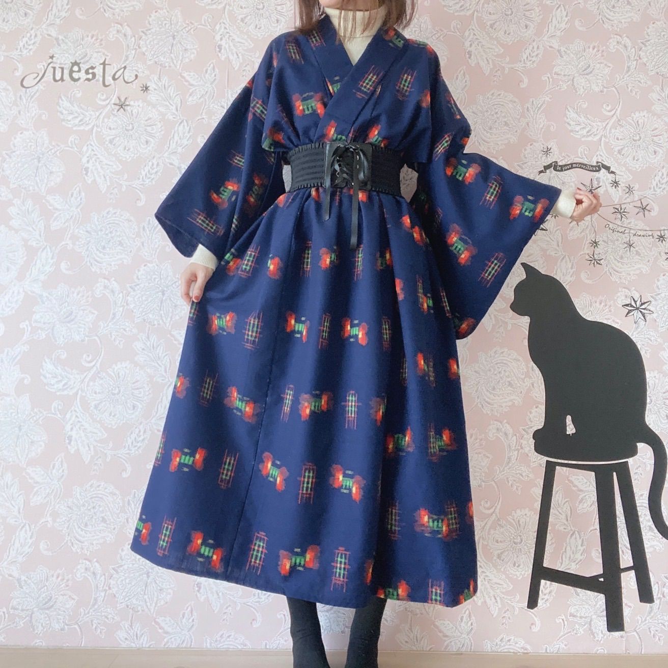 着物リメイクワンピース 濃紺系