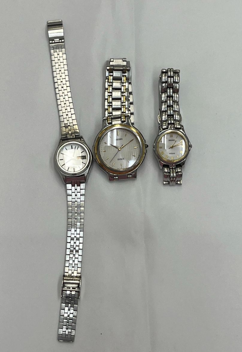 N 品 34 レディース時計 3点セット SEIKO エクセリーヌ 2 J 31-001 70年代 ジョイフル ドルチェ 8 41-6110 レディース 時計 シルバー ゴールド オフィス用 通勤用 シンプル