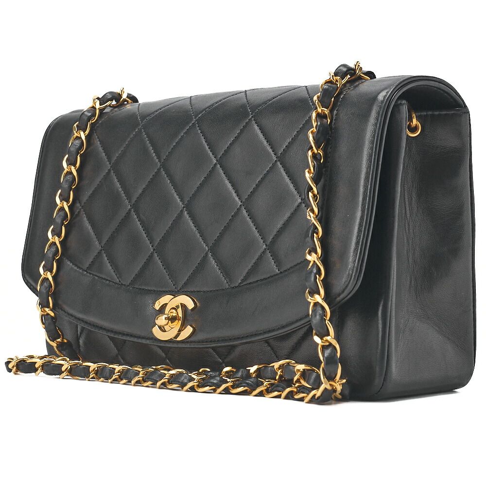 CHANEL シャネル ショルダーバッグ マトラッセ ラムスキン ダイアナ25 cm フラップ チェーンショルダー 黒 ゴールド金具 レディースバッグ ブランド