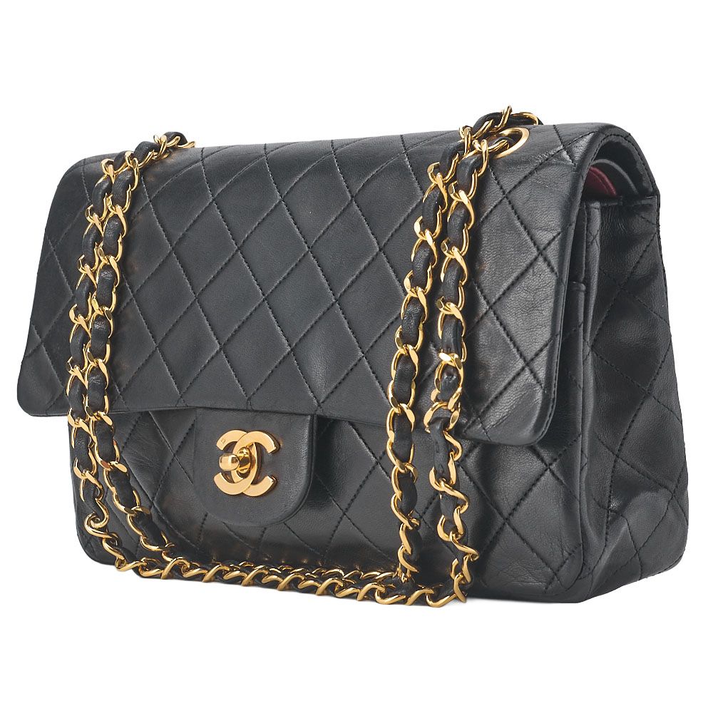 CHANEL シャネル チェーンショルダーバッグ マトラッセ ダブルフラップ 25 cm ラムスキン 黒 ゴールド金具 レディース バッグ