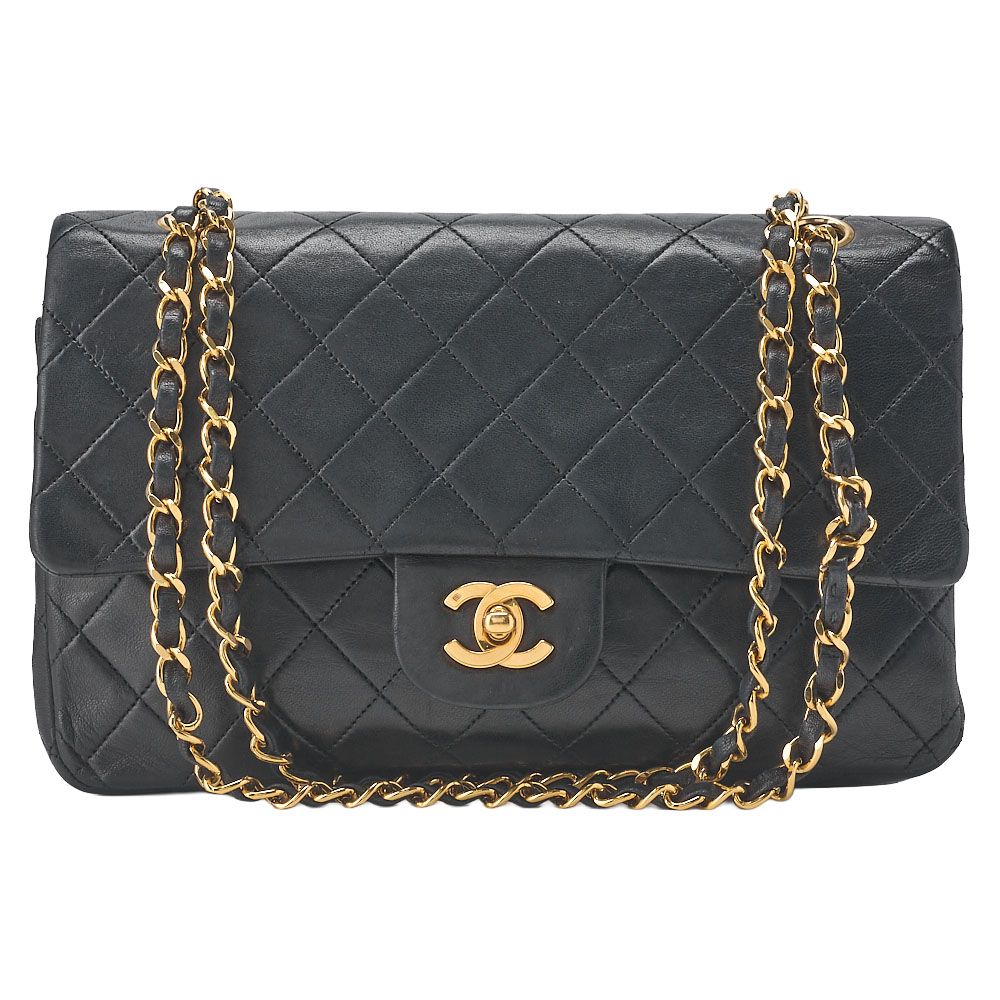 CHANEL シャネル チェーンショルダーバッグ マトラッセ ダブルフラップ 25 cm ラムスキン 黒 ゴールド金具 レディース バッグ