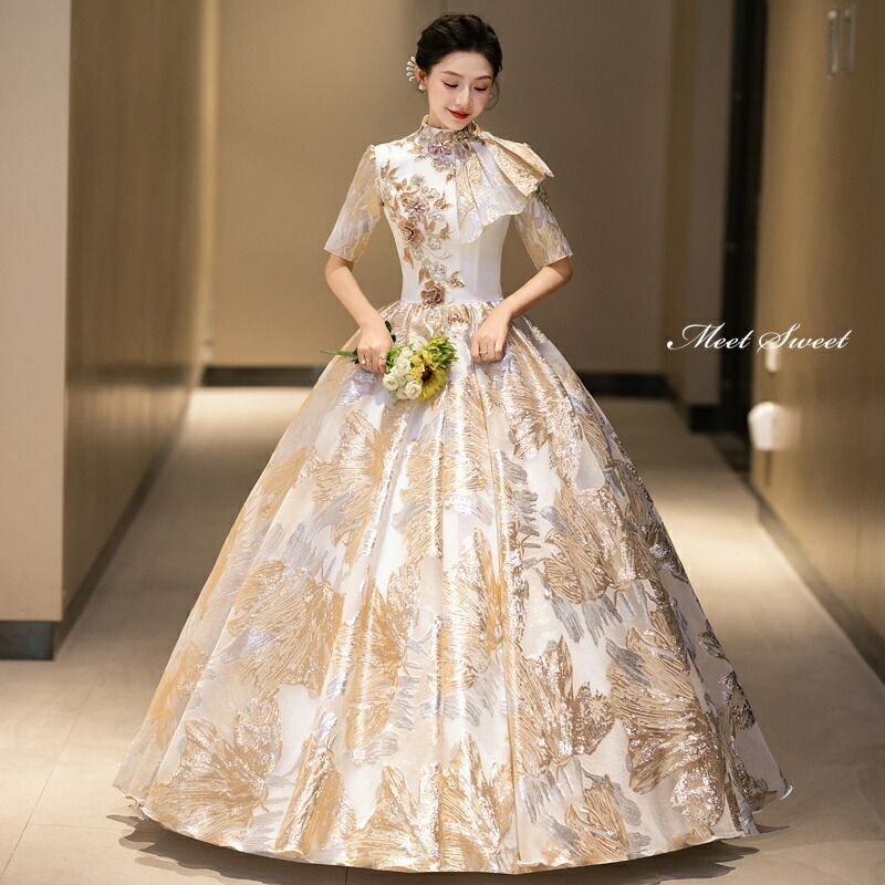 ドレス プリンセスライン ロングドレス ゴールド 半袖 アシンメトリー ウェディングドレス 結婚式 二次会 花嫁 前撮り 演奏会 発表会 ステージ衣装 ウエディングドレス パーティードレス ブライダル