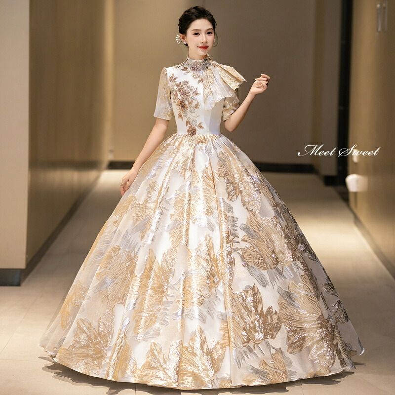 ドレス プリンセスライン ロングドレス ゴールド 半袖 アシンメトリー ウェディングドレス 結婚式 二次会 花嫁 前撮り 演奏会 発表会 ステージ衣装 ウエディングドレス パーティードレス ブライダル