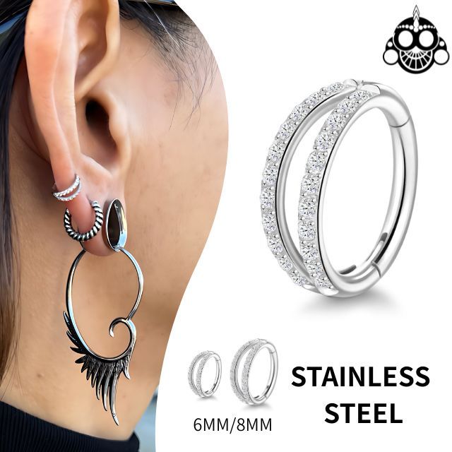 ボディピアス 16G ワンタッチで装着 2連ストーン ステンレス