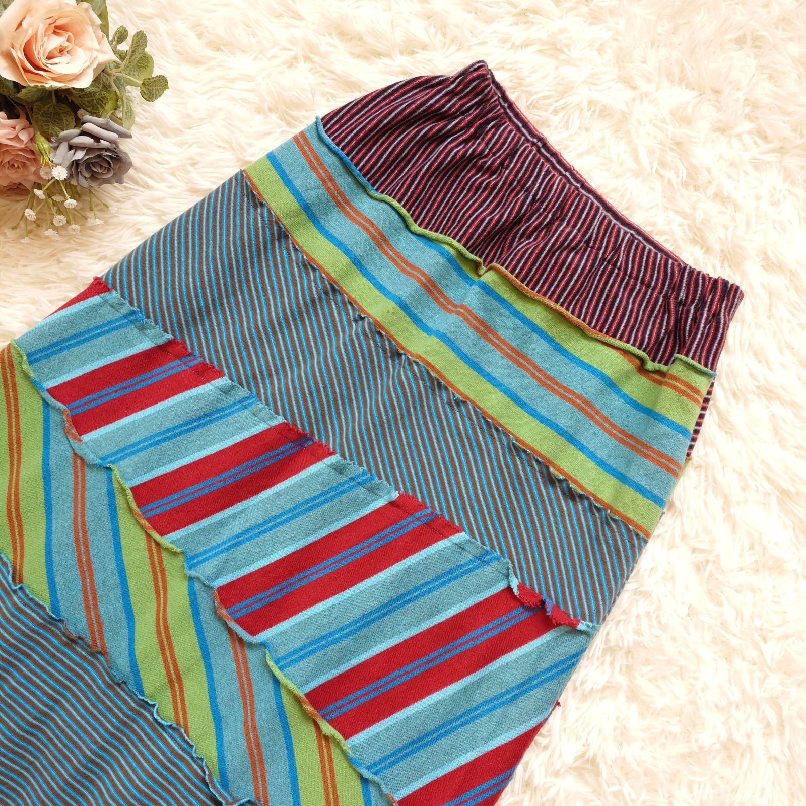 トリココムデギャルソン tricot COMME des GARCONS パッチワーク ニット ストライプ ボーダー ロング スカート マルチ コットン モード系 デザイナーズ