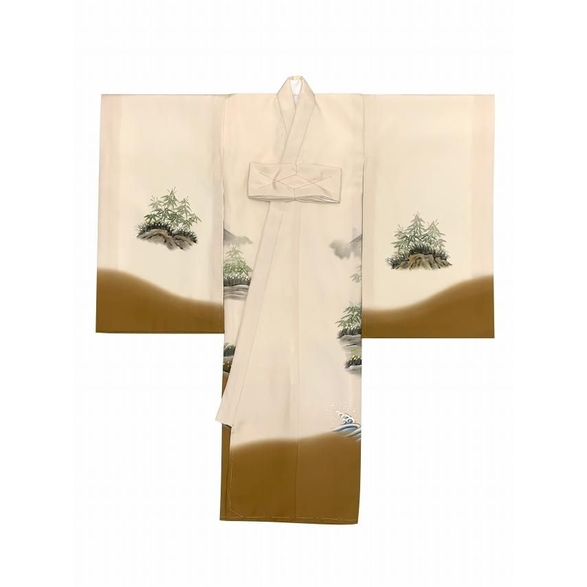  お宮参り 男の子 着物 正絹 素描風 赤ちゃんのお祝い着 初着 産着 生成りｘ金茶 虎と富士 着物 産着 着物 セレモニードレス