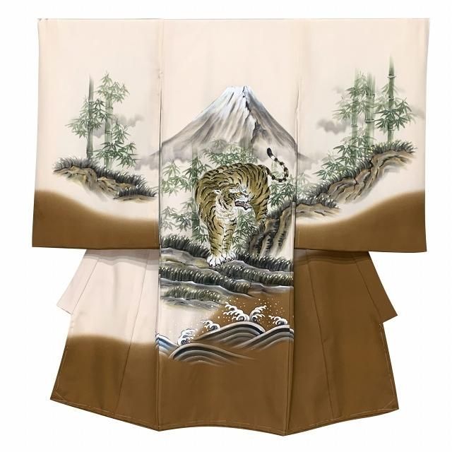 お宮参り 男の子 着物 正絹 素描風 赤ちゃんのお祝い着 初着 産着 生成りｘ金茶 虎と富士