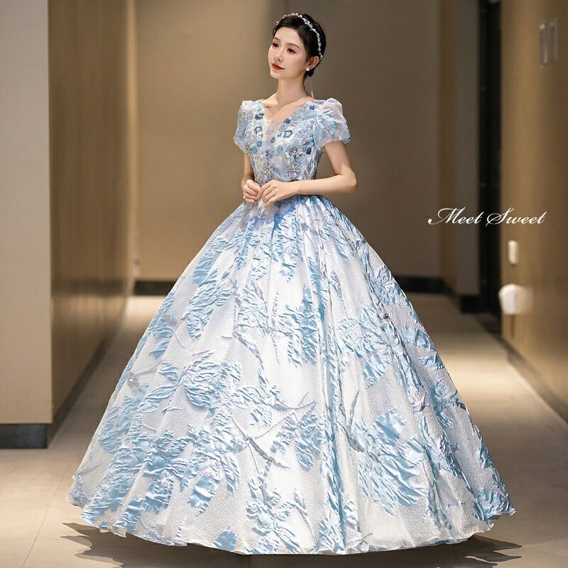 ドレス プリンセスライン ロングドレス ブルー パフスリーブ 花柄 半袖 ウェディングドレス 結婚式 二次会 花嫁 前撮り 演奏会 発表会 ステージ衣装 ウエディングドレス パーティードレス ブライダル イブニングドレス コンサート コンクール