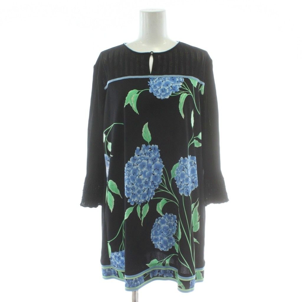 レオナール LEONARD チュニック ワンピース 40 黒 ブラック 七分袖 ミニ丈 花柄 0197722 PP GY 18