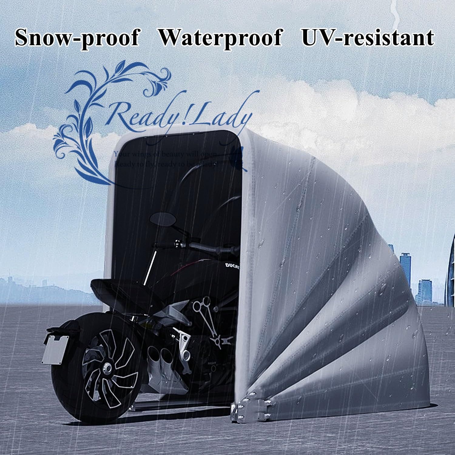 ステンレススチールグレーのバイクカーポート 折りたたみ式格納式バイクオーニング 半自動式耐久性バイクシェルター 3. . .9 m