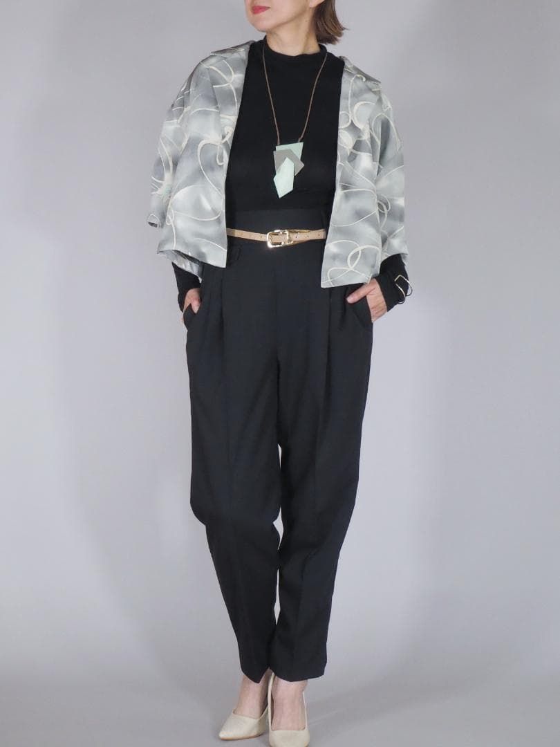 価格 着物リメイク クロップドシャツ ライトグレー 蝶 オープン