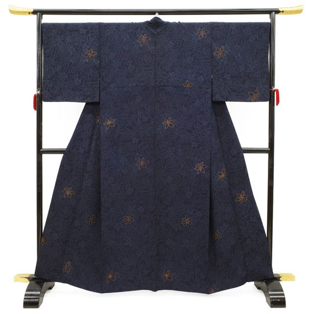 小紋 着物 リサイクル 正絹 袷 濃紺 ダークネイビー 手染め 花 モダン お洒落 かわいい カジュアル 春 秋 冬 仕立て上がり 身丈162 裄丈68.5 ふくよか Ｌサイズ みやがわ sb 16778