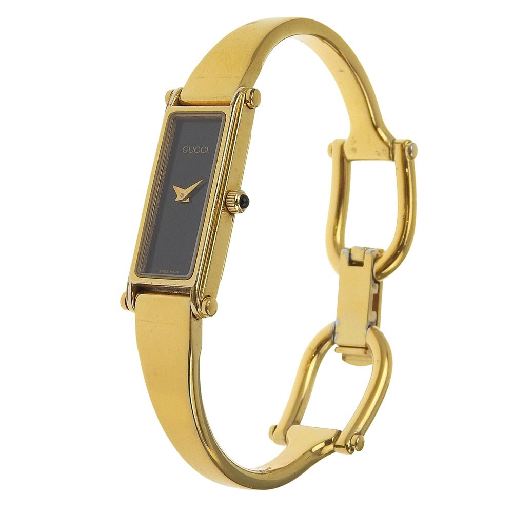 GUCCI グッチ 1500 L 金メッキ クオーツ アナログ表示 レディース ブラック文字盤 腕時計