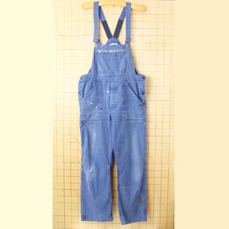 70 s 80 ユーロ ヘリンボーンコットンツイル ワークオーバーオール W 38相当 ネイビー ブルー ペインター ヨーロッパ古着 082725 aw 78