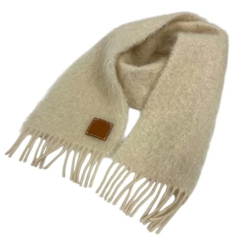 ロエベ LOEWE マフラー ストール モヘア混 ウール混 フリンジ ロゴ 白