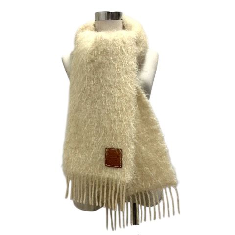 ロエベ LOEWE マフラー ストール モヘア混 ウール混 フリンジ ロゴ 白