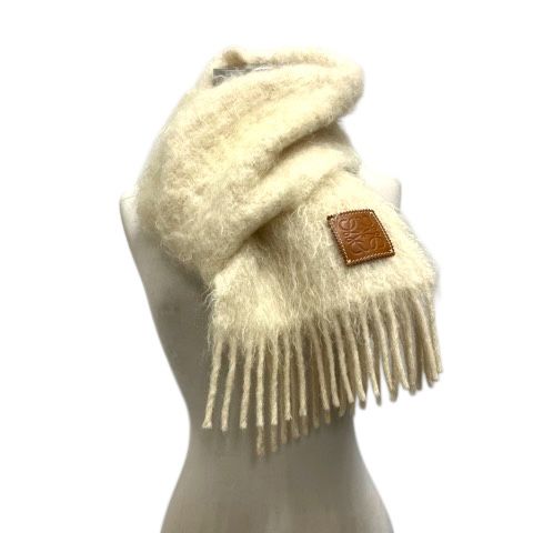 ロエベ LOEWE マフラー ストール モヘア混 ウール混 フリンジ ロゴ 白