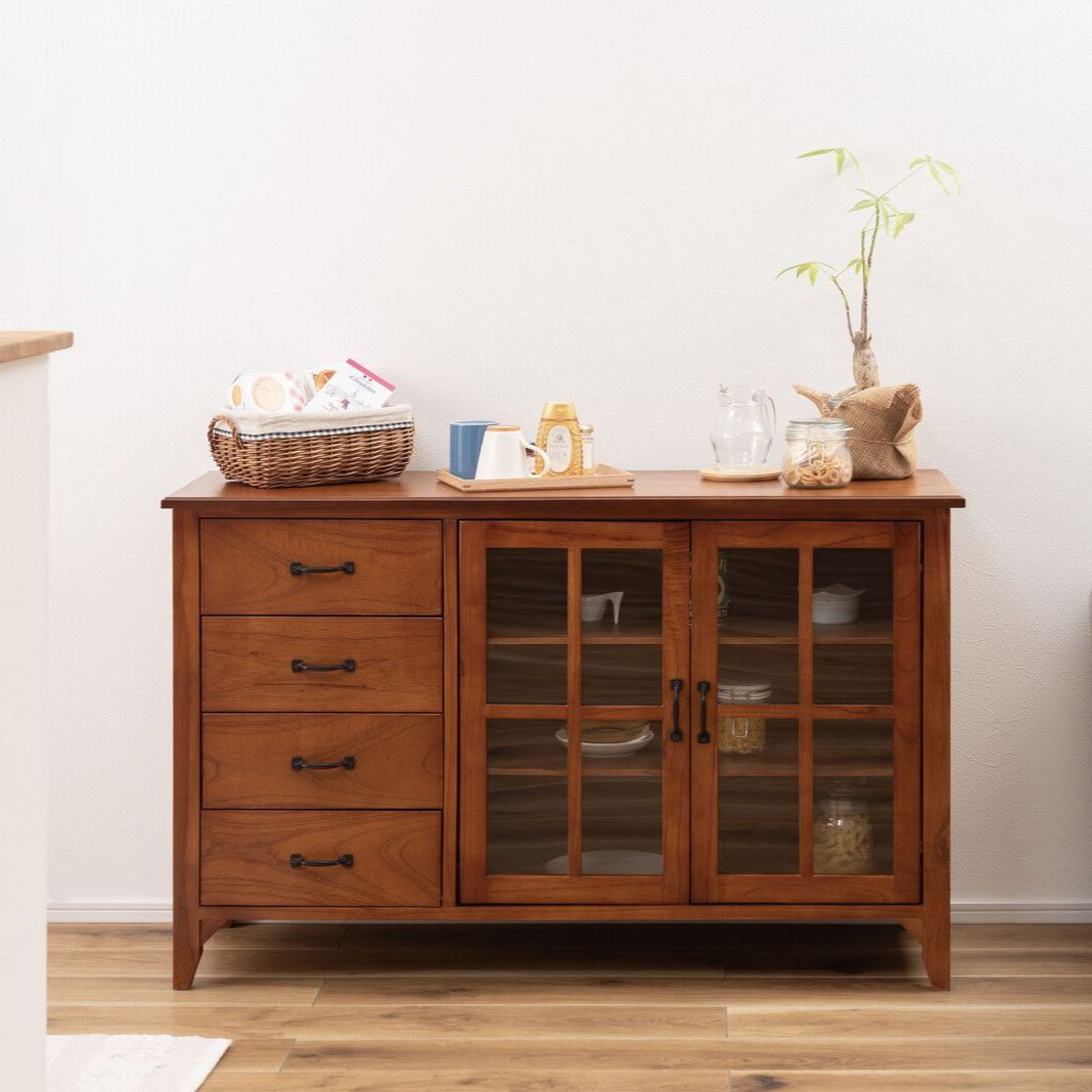 天然木 ４段チェスト＆キャビネット 幅120 cm ヴィンテージ アンティーク 食器棚 カップボード キッチンボード キッチンカウンター チェスト キャビネット 収納家具