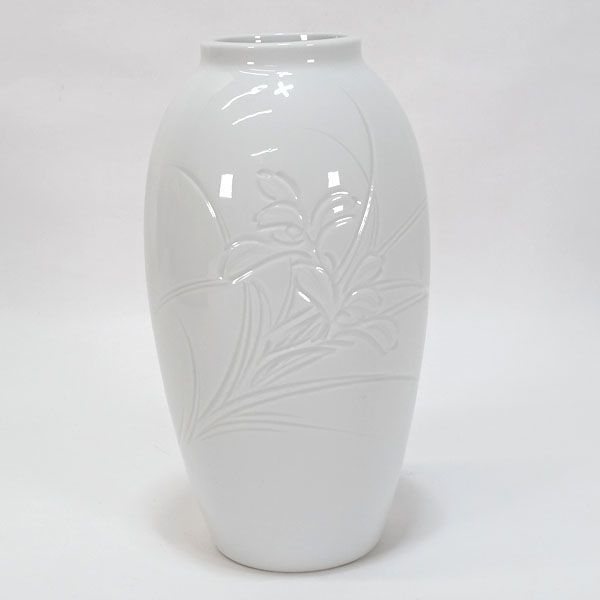 出石焼 昇山作造 ◇【花器】出石焼/昇山作 白磁彫花瓶 華道具