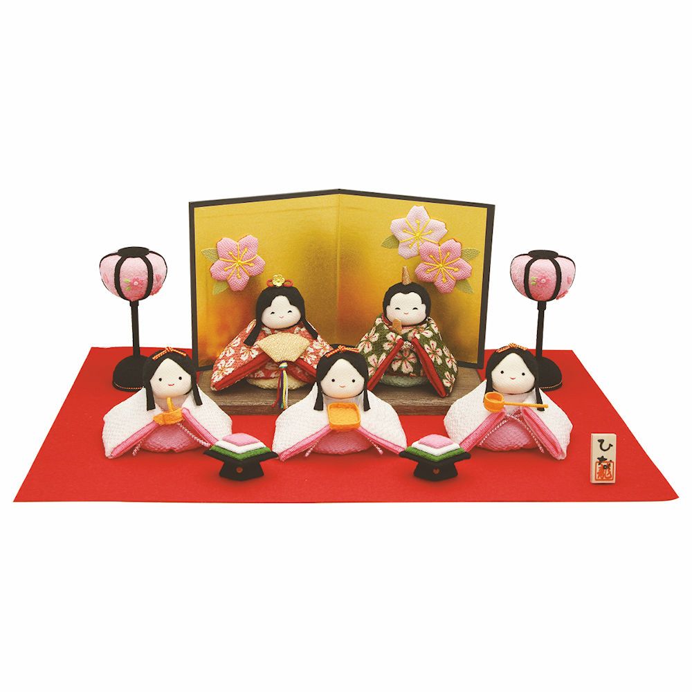 雛人形 雛飾り ぽてりひな5人 桜 雪洞･菱餅･敷物付屏風飾りセット手作り ちりめん細工