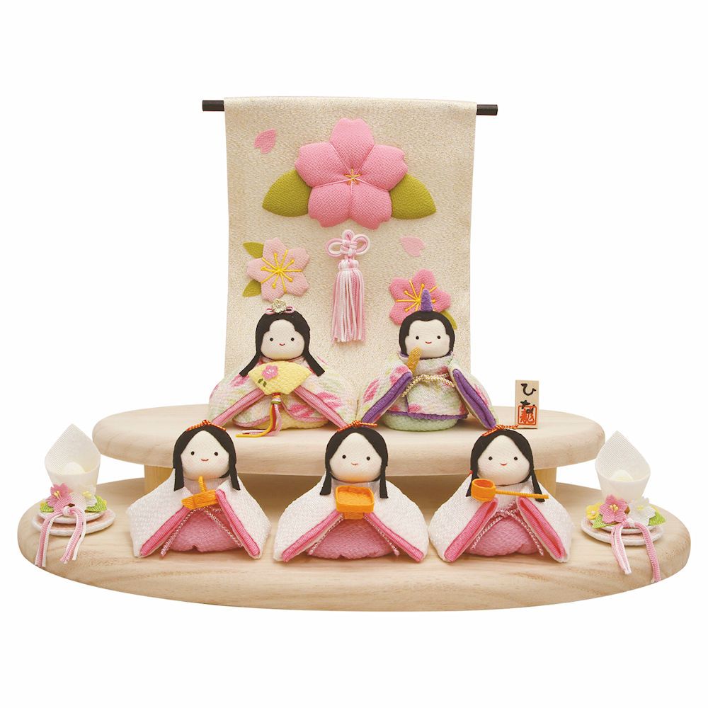 雛人形 雛飾り ぽてりひな5人 麻の葉 几帳･油灯付木製台飾りセット手作り ちりめん細工