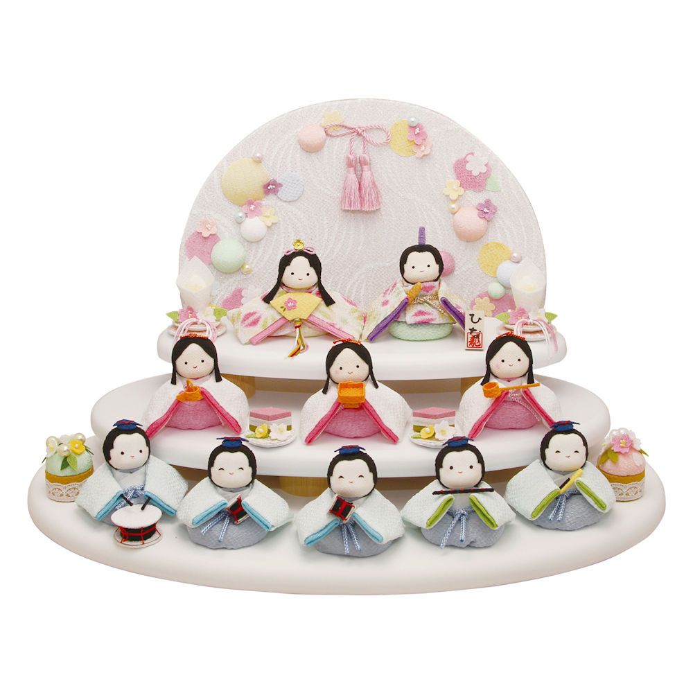 雛人形 雛飾り ぽてりひな 10人揃い 麻の葉 木製台飾りセット コンパクト･マンションサイズ 手作りちりめん細工