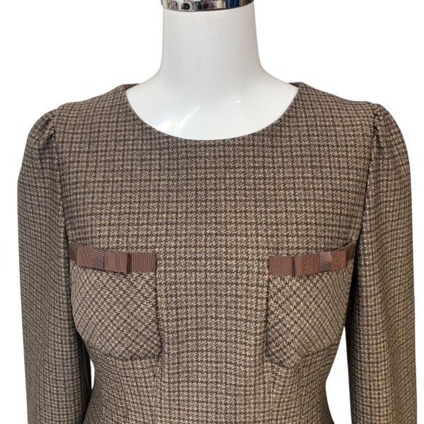 エムズグレイシー M S GRACY ワンピース 膝丈 長袖 パフスリーブ チェック柄 リボン ブラウン 36 7号 レディース H 5 Z 078