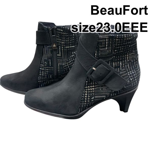 ビューフォート BeauFort ショートブーツ サイドジップ バンド付き ブーティ スエード 黒 スエード調 23.0 EEE レディース H 5 Z 073