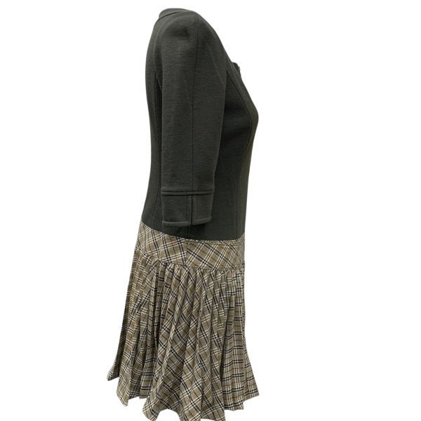 バーバリーブルーレーベル ワンピース 膝丈 5分袖 ドッキング 切替 カーキ ブラウン ウール混 36 S 7号 レディース K 5 Y 012