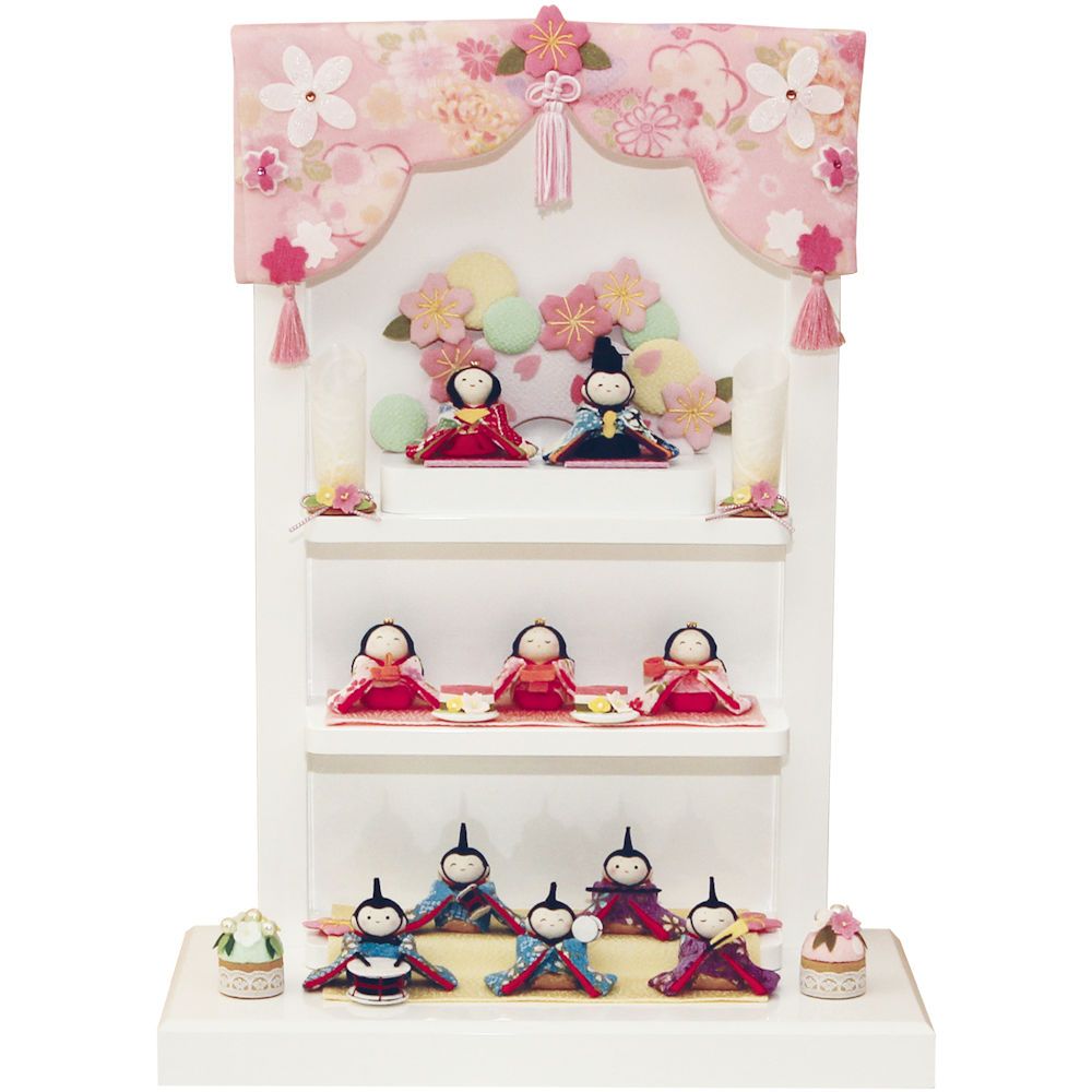 雛人形 雛飾り さくら飾り台 わらべ雛 10人揃い コンパクト･マンションサイズ 手作りちりめん細工