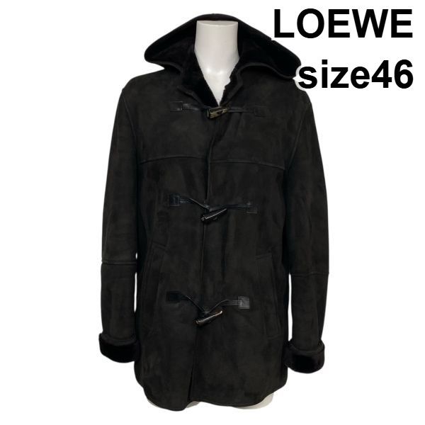 ロエベ LOEWE ムートンダッフルコート 長袖 ミドル丈 フード スエード調 チャコールブラウン ラムレザー 46 M メンズ S 5 Y 526