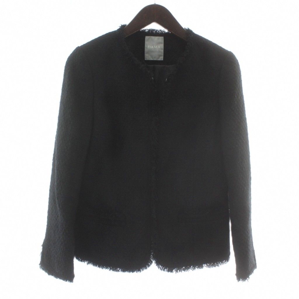 ダーマ dama collection セットアップ 上下 ノー ジャケット タイトスカート ウール混 9 AR 61-89 黒 ブラック ツイード フリンジ XZ GY 58