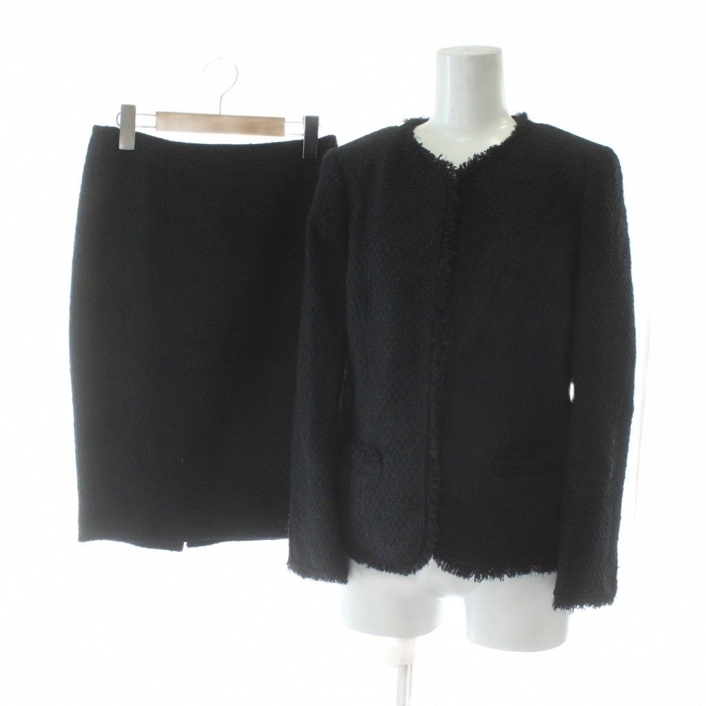 ダーマ dama collection セットアップ 上下 ノー ジャケット タイトスカート ウール混 9 AR 61-89 黒 ブラック ツイード フリンジ XZ GY 58