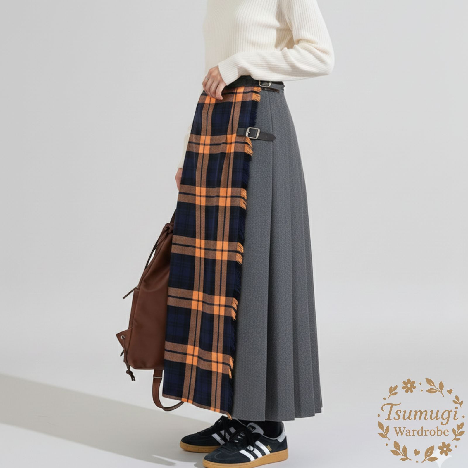 O NIEL of DUBLIN オニールオブダブリン green lavel reraxing 別注 チェック柄 切り替え キルトスカート プリーツスカート ロング オレンジ グレー 88丈