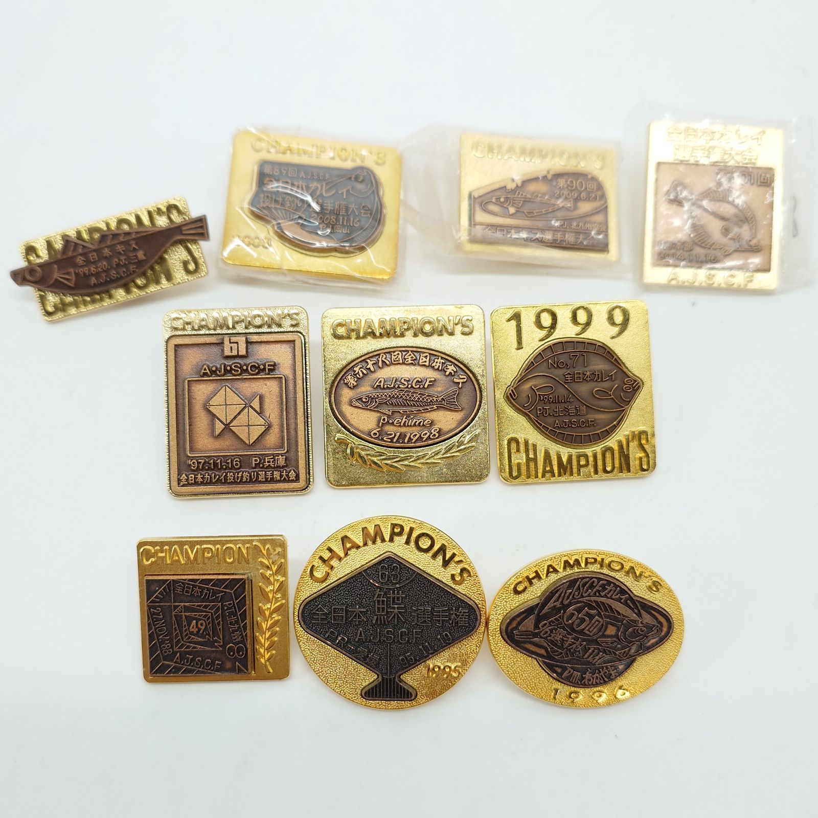 全日本サーフキャスティング連盟 A J S C F 全日本カレイ 全日本キス 投げ釣り選手権大会 ’S チャンピオン バッジ ピンバッジ 10点セット