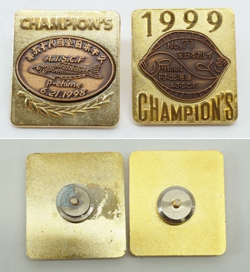 全日本サーフキャスティング連盟 A J S C F 全日本カレイ 全日本キス 投げ釣り選手権大会 ’S チャンピオン バッジ ピンバッジ 10点セット リング スピニングリール