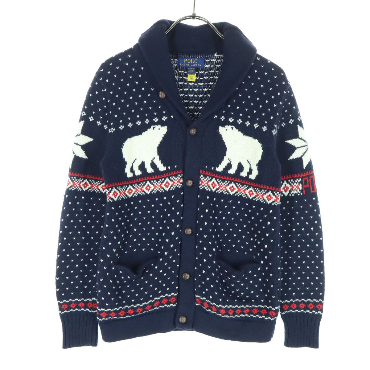 POLO RALPH LAUREN ポロラルフローレン ノルディック柄 長袖 ショール ニットジャケット 150 ネイビー キッズ 古着