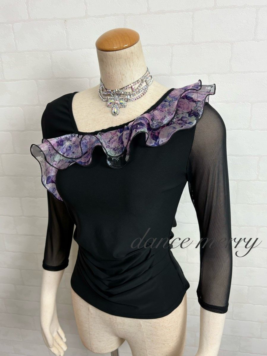 新品 社交ダンス 黒 紫 ラベンダー ツーピース セットアップ タンゴ