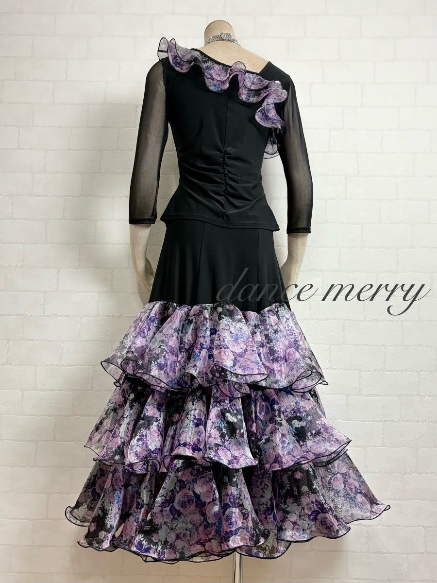 新品 社交ダンス 黒 紫 ラベンダー ツーピース セットアップ タンゴ