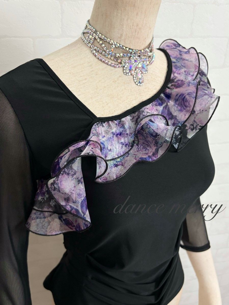 新品 社交ダンス 黒 紫 ラベンダー ツーピース セットアップ タンゴ