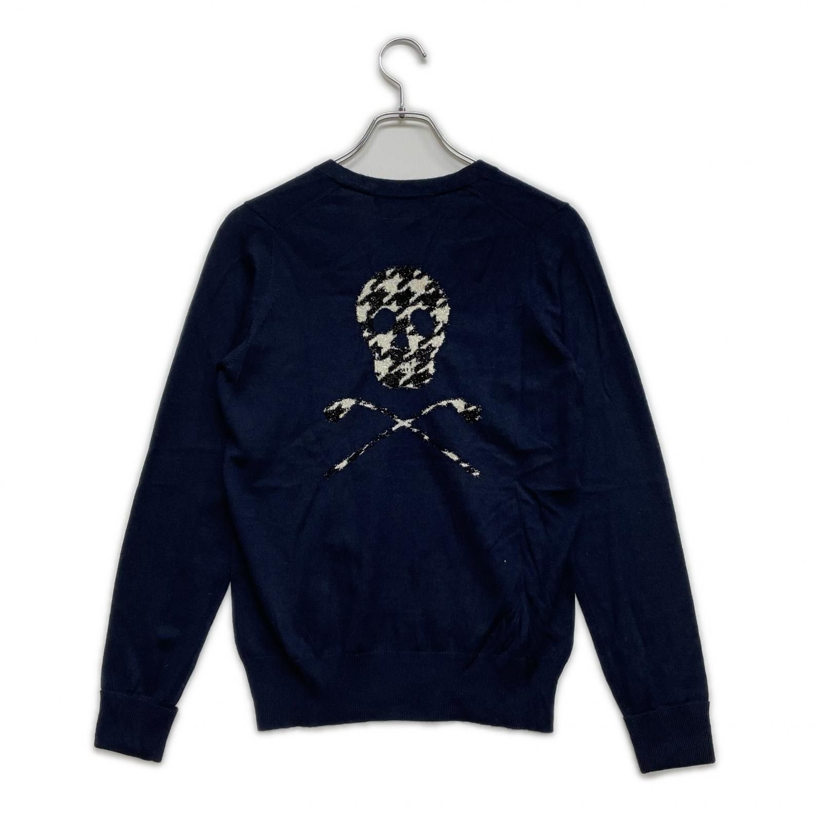 美品MARK&LONA ビッグスカル英字Vネックセーター50濃紺☓黄 伸縮性生地 中古 レディース マークアンドロナ MARK&LONA セーター M 紺 ネイビー