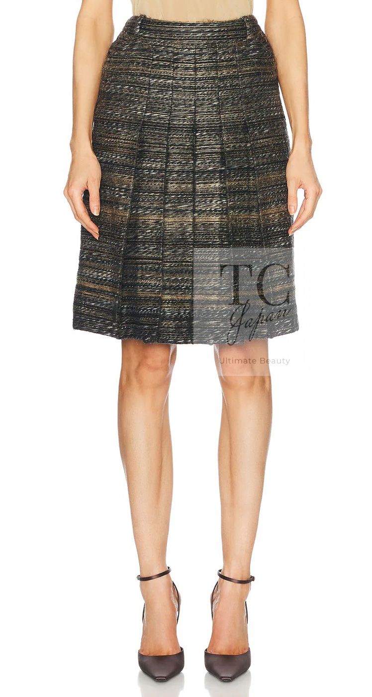 シャネル スカート CHANEL ブラック チャコール グレー ウール シルク