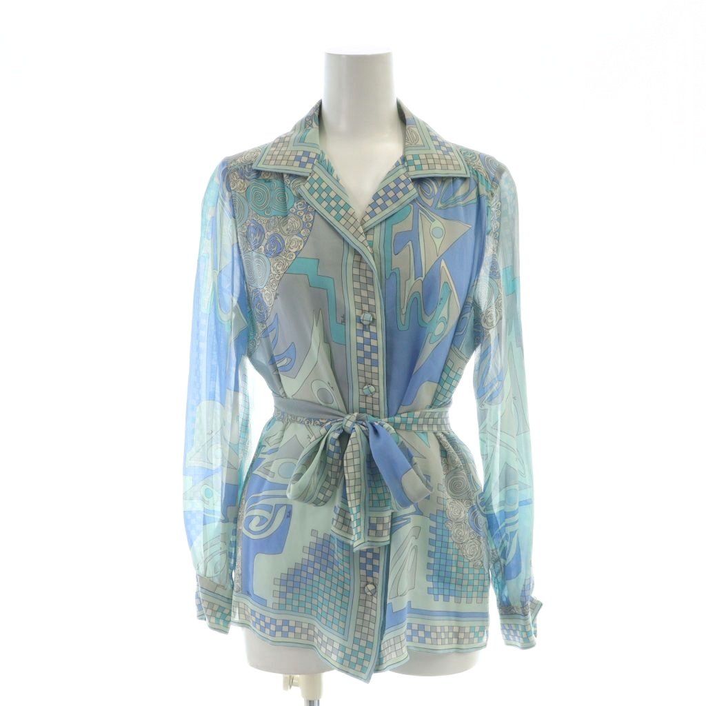 エミリオプッチ EMILIO PUCCI ヴィンテージ シャツ ブラウス 長袖 総柄 8 青 ブルー MQ