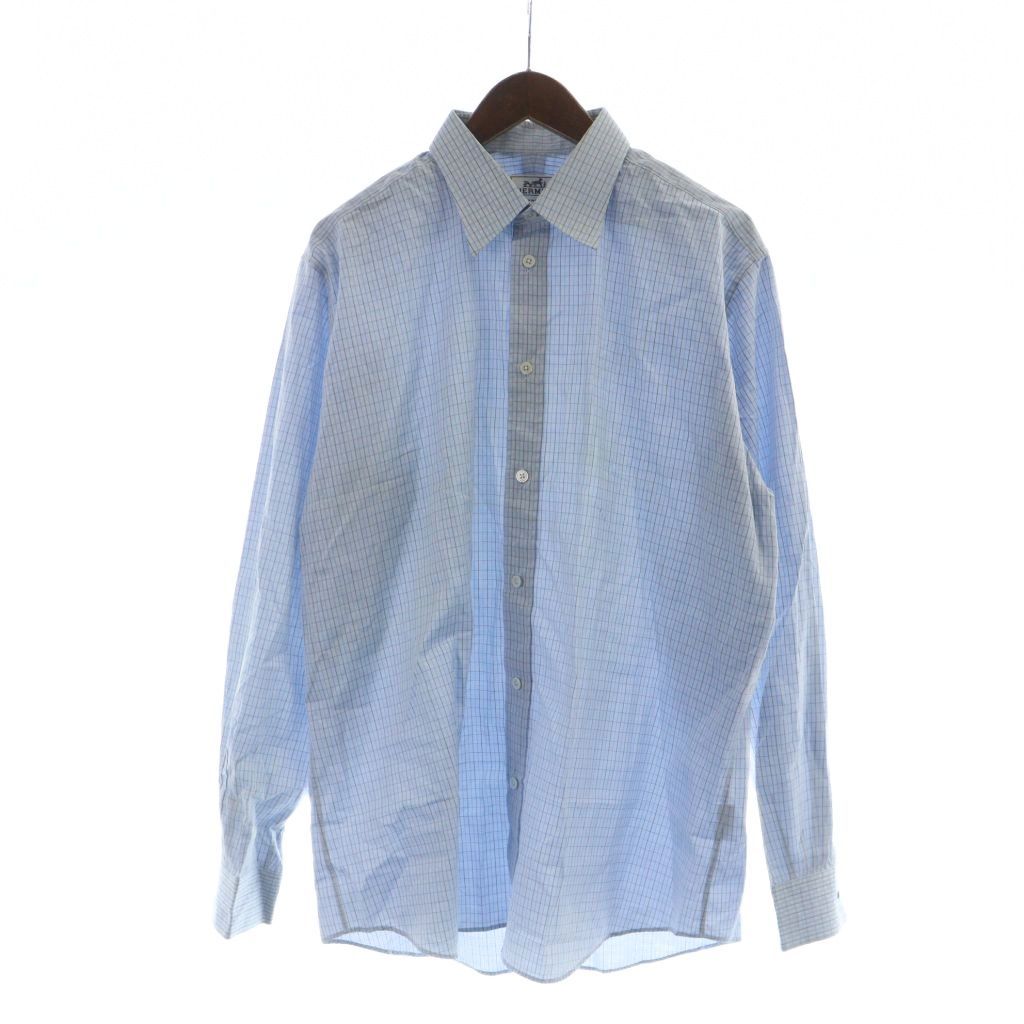エルメス HERMES チェックシャツ 長袖 ステン ロゴ 42 L 青 ブルー MQ