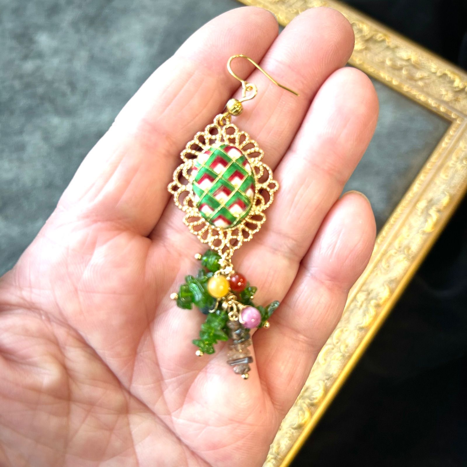  冬季 天然石の ツリー クロムダイオプサイト 日本刺繍のピアス 繍珠 煌 ピアス アクセサリー